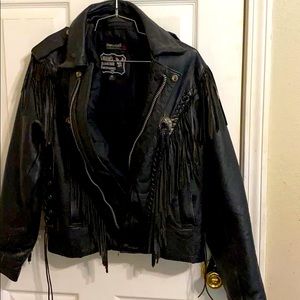 Black leather bikers heavy coat